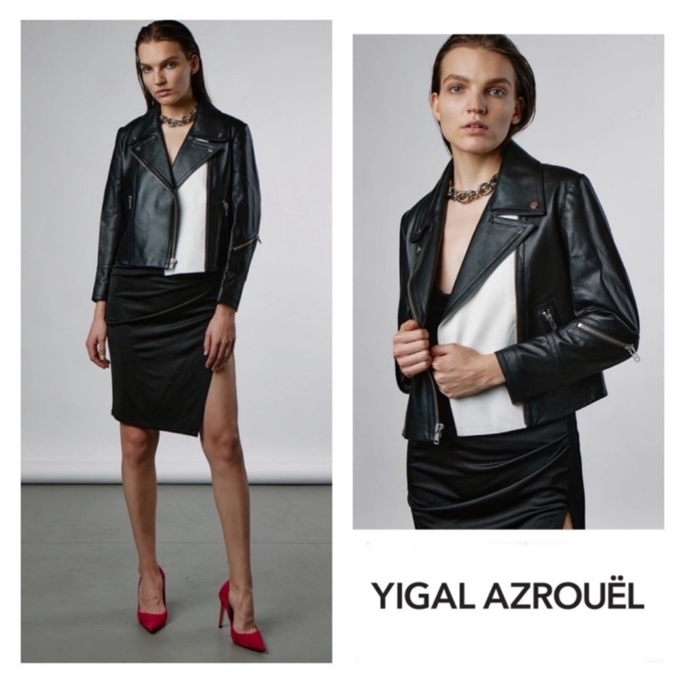 New! YIGAL AZROUEL Paneled Color Block Leather Moto Jacket in Black and White - Picture 2 of 13